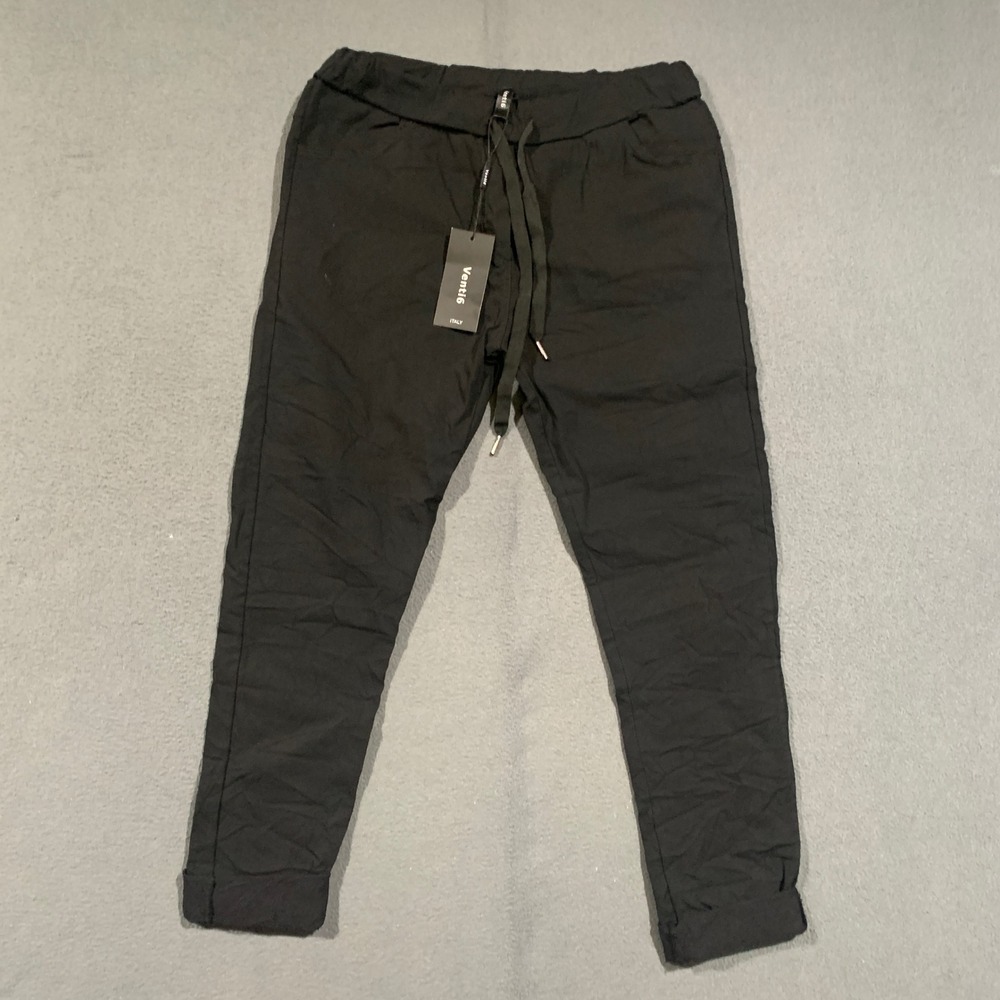 Venti6 Jogger Pants Women Medium Black Crinkle Drawstring Italy Casual Pants